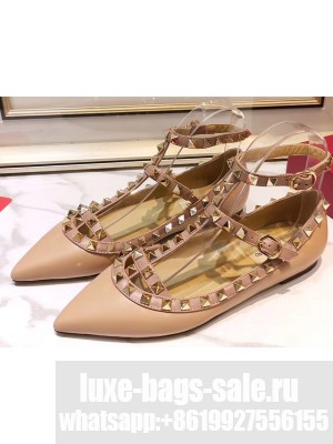 Valentino Rockstud Caged Ankle Strap Ballet Flats Ballerinas in Leather Nude