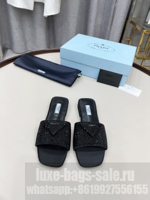 Prada Satin Flat slides sandals With Cryscals 2022 Collection Black