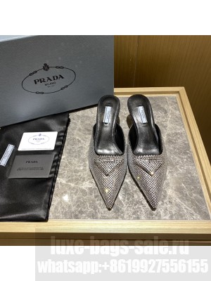 Prada Women's  5.5cm Satin Sandals With Crystals Mule 2022 Collection,Black