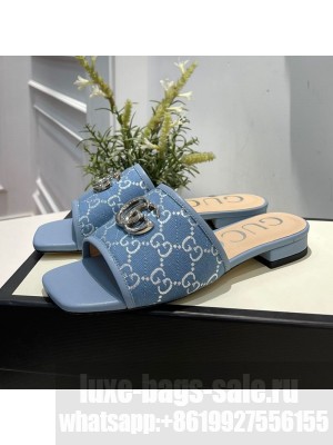Gucci GG Silver Lamé Canvas Slide Sandals Blue 2021 Collection