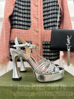 Gucci Lambskin Platform 11cm Heel Sandals with GG Chain 2023 Silver