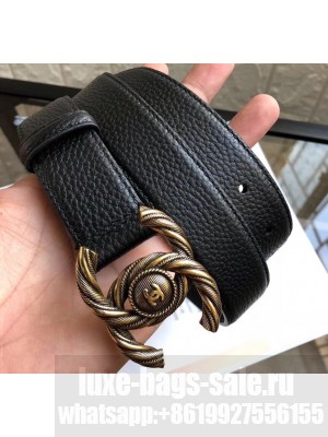 Chanel Width 3cm Braided CC Logo Buckle Leather Belt Grained Black/Gold