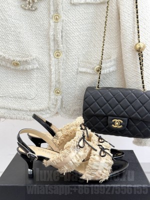 Chanel Fabric Trim Bow Heel 5cm Sandals 2025 Beige