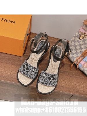 Louis Vuitton Wedge Monogram Open Toe Casual Style Blended Fabrics Street Style black