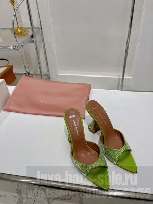 Amina Muaddi Caroline Crystal 9.5cm Slide Satin Mule Sandal Green
