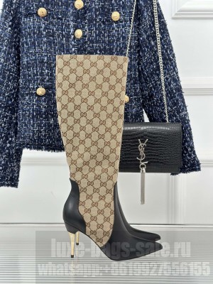 Gucci Metal-Tone Heel High Boots 8.5cm in GG Canvas And Leather Beige 2023