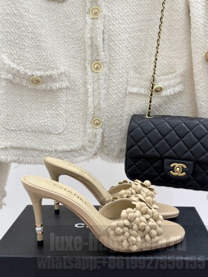 Chanel Lambskin Heel Slides Sandal 8cm with Camellia Bloom beige 2025