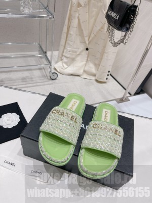 Chanel Tweed Flat Slide Sandals 2023SS Green