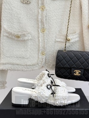 Chanel Tweed & Pearls Heel Slides Sandal 5cm with Bow White 2025