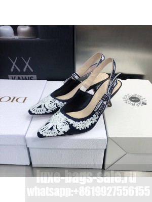 Dior J'Adior Slingback Pumps 6.5cm in Deep Blue and White Cornely-Effect Embroidery 2022 Collection