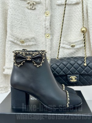 Chanel Women's Chain Around With Bow Leather/Grosgrain Black Ankle Boots 