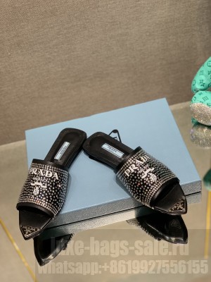 Prada TPU Flat with Crystal Studs Slipper 2022 Collection,Black