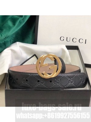 Gucci GG Embossed Leather Belt 34mm with GG Buckl Black 01 Collection