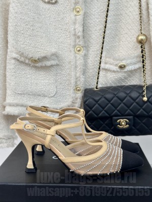 Chanel Lambskin 8.5cm Crystal Mesh Slingbacks Beige 2024