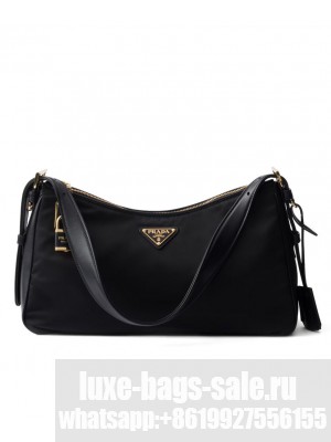 Prada Aimee Large Re-Nylon And Leather Shoulder Bag With Padlock 1BC232 Black