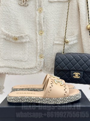 Chanel Cutout Calfskin Flat Slides Sandal Beige 2025