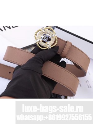 Chanel Width 3cm Crystal Square Buckle Leather Belt Nude