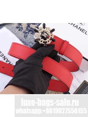 Chanel Width 3cm Crystal and Pearl Flower Buckle Leather Belt Red