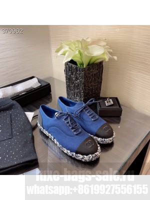 Chanel Canvas Lace Up Espadrilles Flats Lambskin Leather Spring/Summer 2021 Collection, Navy Blue/Black