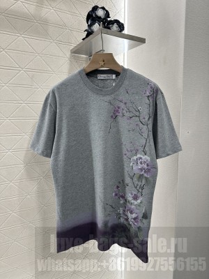 Christian Dior T-Shirt Gray Cotton with Multicolor Dior Pivoine Motif