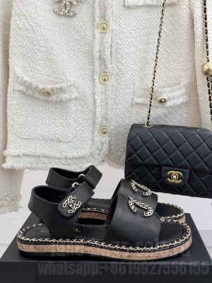 Chanel flat double C with chain sandals black leather 2025