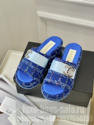 Chanel Tweed 5cm Platform Slide Sandals 2023 Mlue 04