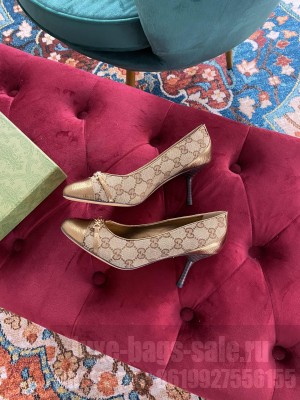 Gucci Women's GG Canvas Calfskin 65mm Pumps Brown/Gold 2021 Collection