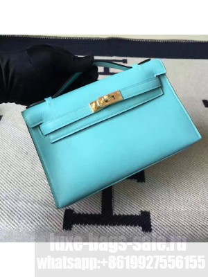 Hermes Kelly 22 Clutch Bag In Original Swift Leather Macaron blue