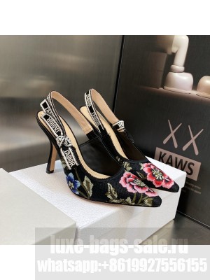Dior J'Adior Slingback Pumps 9.5cm in Black Multicolor Cotton Embroidered with Petites Fleurs Motif 2023