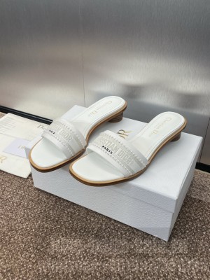 Dior Dway Heeled 3cm Slide White Calfskin and Embroidered Cotton With Pearls Flats 2025