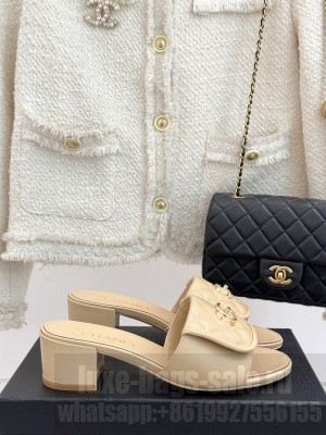 Chanel Quilted Lambskin Heel Slides Sandal 5cm with Foldover G45474 Beige 2025
