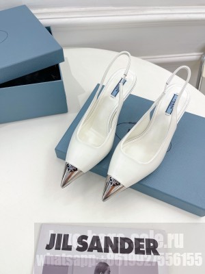 Prada Brush Leather Slingback Pumps 7.5cm with Metal Logo 2022 Collection,white