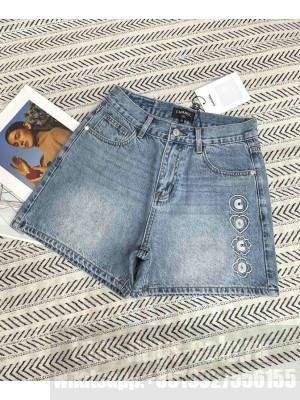 Chanel Women's Lettering Embroidered Denim shorts Blue
