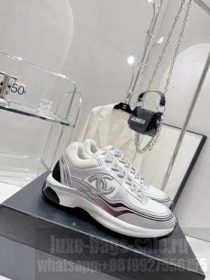 Chanel Calfskin, Mesh & Fabric Sneakers Silver/White 2023 Collection