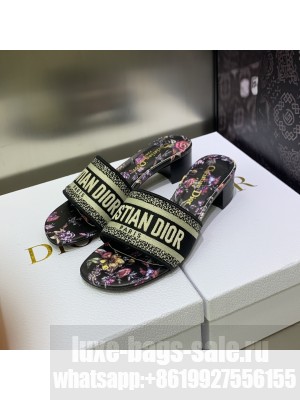 Dior Dway Heeled Slide Sandals 4cm in Cotton Embroidered 2023 Collection 031