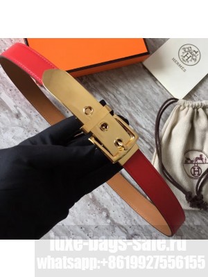 Hermes Square Buckle Leather Belt Red/Gold