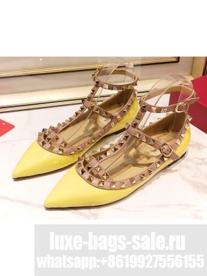 Valentino Rockstud Caged Ankle Strap Ballet Flats Ballerinas in Patent Leather Yellow