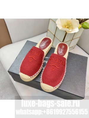 Prada Linen Logo Embroidered Slides Espadrilles Flats 2022 Collection,Red