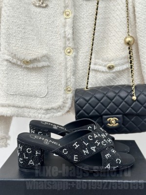 Chanel 4cm Rhinestone Letter Cross Strap Slide Mule Black 01
