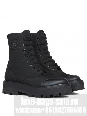 Celine Women's Bulky Laced Up Boot In Nylon And Shiny Bull Black