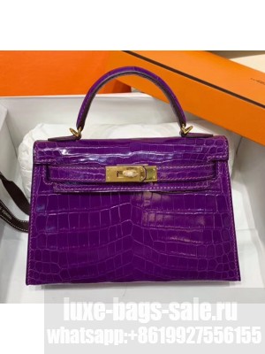 Hermes Mini Kelly II Handbag in Glossy Real Alligator Leather Purple (Handmade) Collection