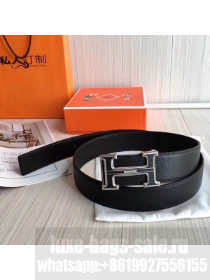 hermes 3.8cm black grained leather belt with black buckle