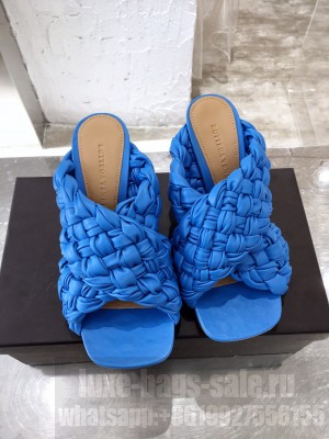 Botteg Veneta BOARD Blue Lambskin Woven 90mm Heel Slide Sandals 2020