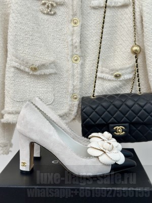 Chanel Women's 8cm Heel Camellia Suede & Leather Pumps White 2024