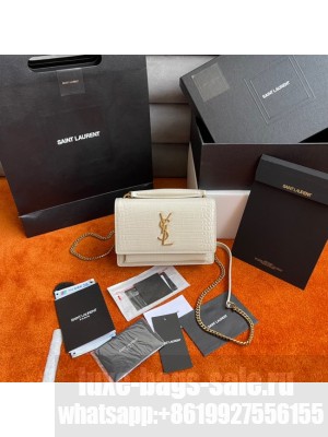 Yves Saint Laurent SUNSET SMALL CHAIN BAG IN CROCODILE EMBOSSED LEATHER Y533036b WHITE