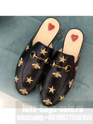 Gucci Women's Princetown Horsebit Slipper Embroidered Bees and Stars Black