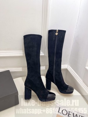 Chanel Suede and Calfskin Heel 8cm platform 2cm Heel High Boots Black
