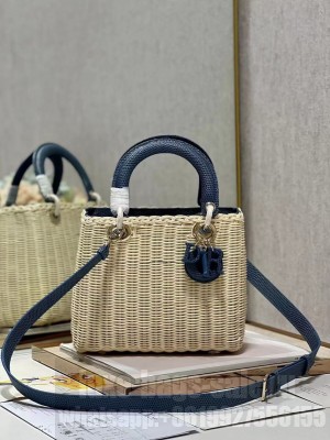 MEDIUM LADY DIOR BAG Natural Wicker and BlueLizard skin M0565