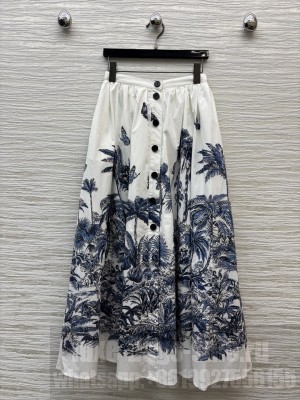 Dioriviera Mid-Length Flared Skirt White and Blue Toile de Jouy Palms Cotton and Silk Poplin