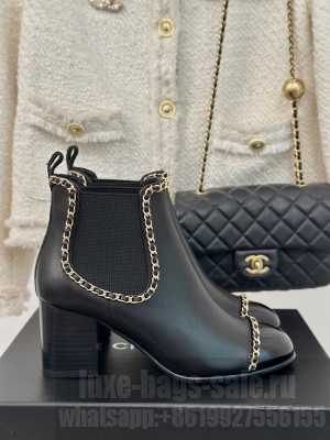 Chanel Calfskin Heel Ankle Boots with Chain Black 2024 